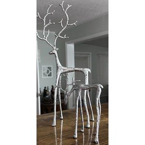 Pottery Barn Retired Large Metal Metallic Silver Twig and Leaf Set of 2 Deer